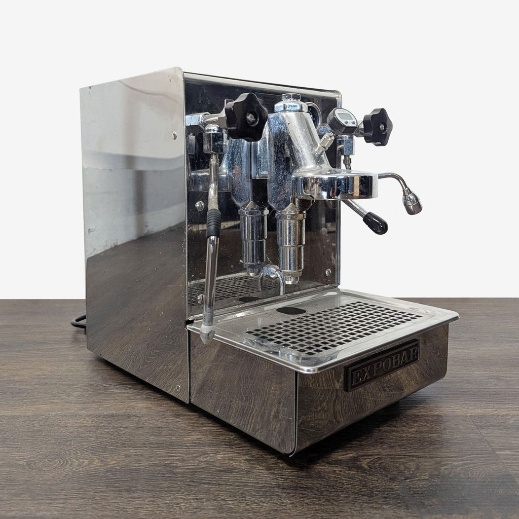 Expobar coffee maker featuring easy-to-use buttons, milk frother, and clear pressure gauges in a sleek design.