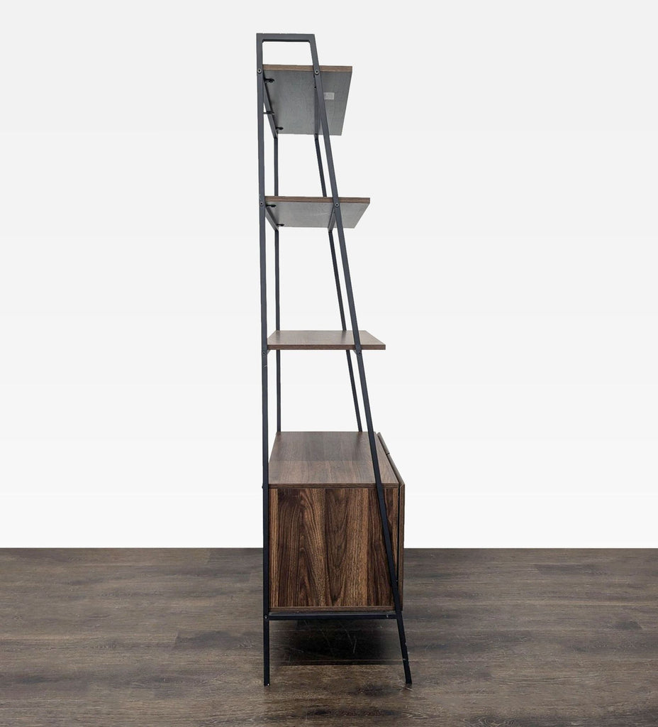 Sleek ladder-style Walker Edison bookshelf with open shelving and spacious storage drawer, ideal for books and decor.
