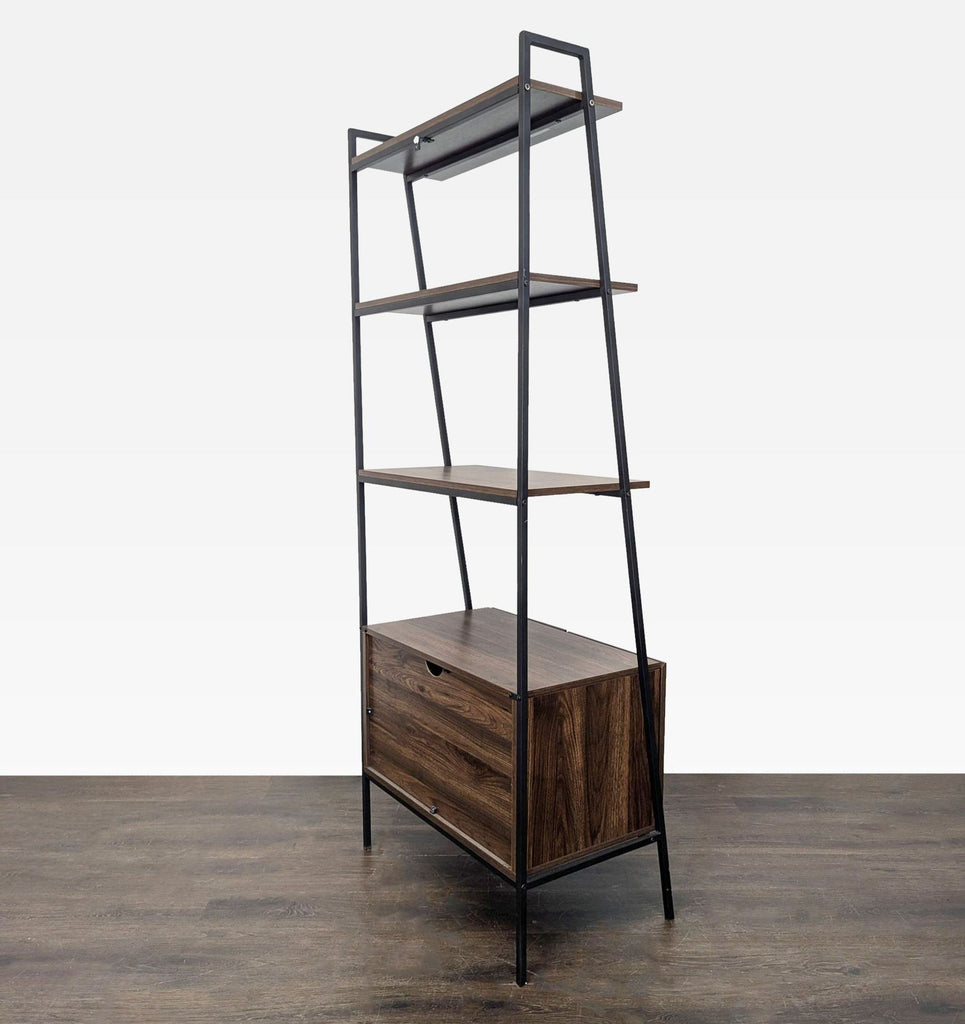 Modern bookshelf by Walker Edison, featuring three wood shelves, a large lower drawer, and a sturdy metal frame.