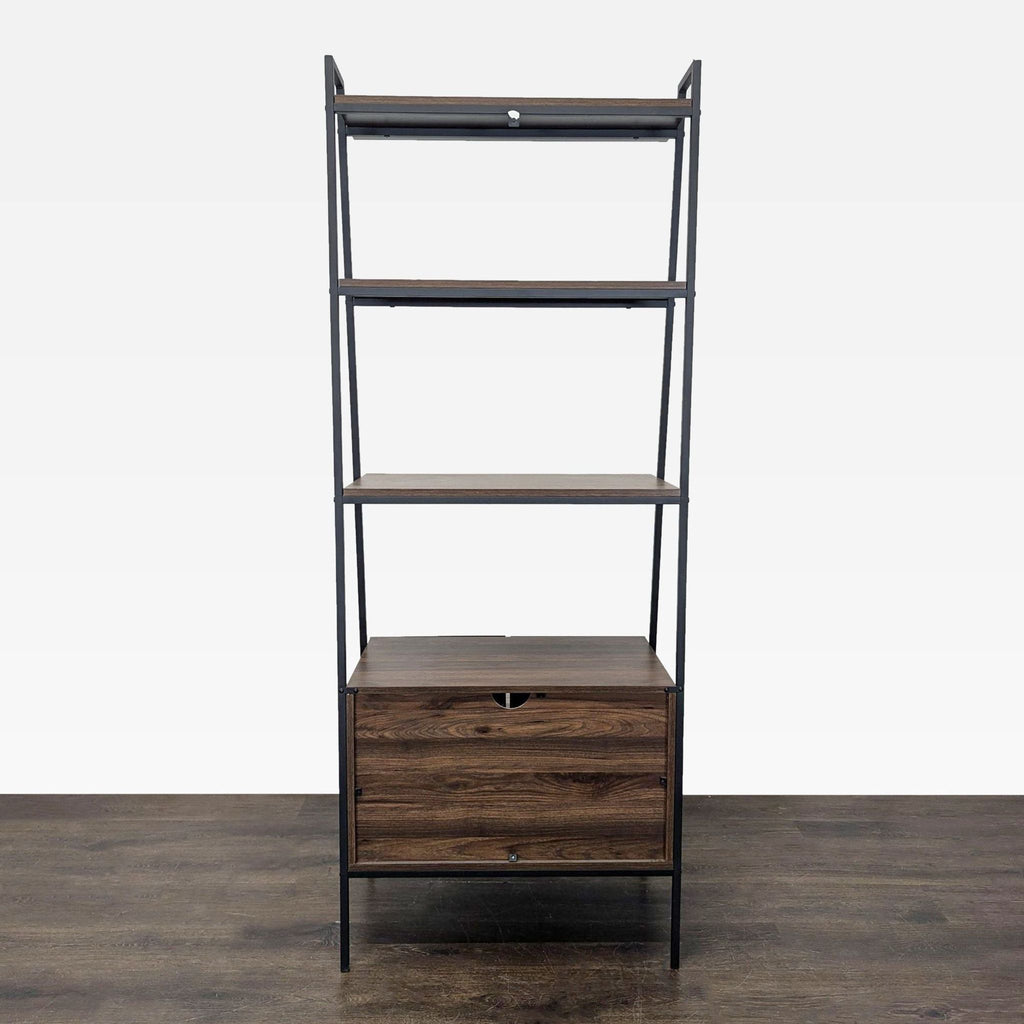 Walker Edison industrial ladder bookshelf with three open shelves and bottom drawer in wood and black metal.