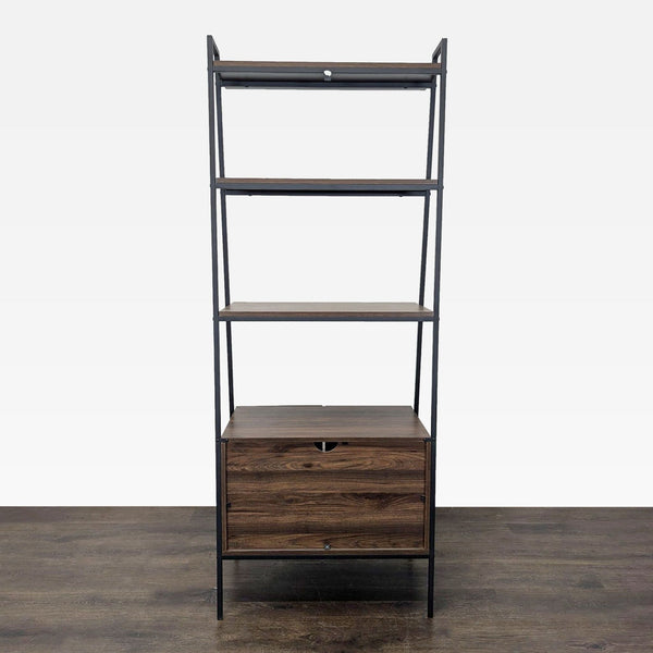 Walker Edison industrial ladder bookshelf with three open shelves and bottom drawer in wood and black metal.