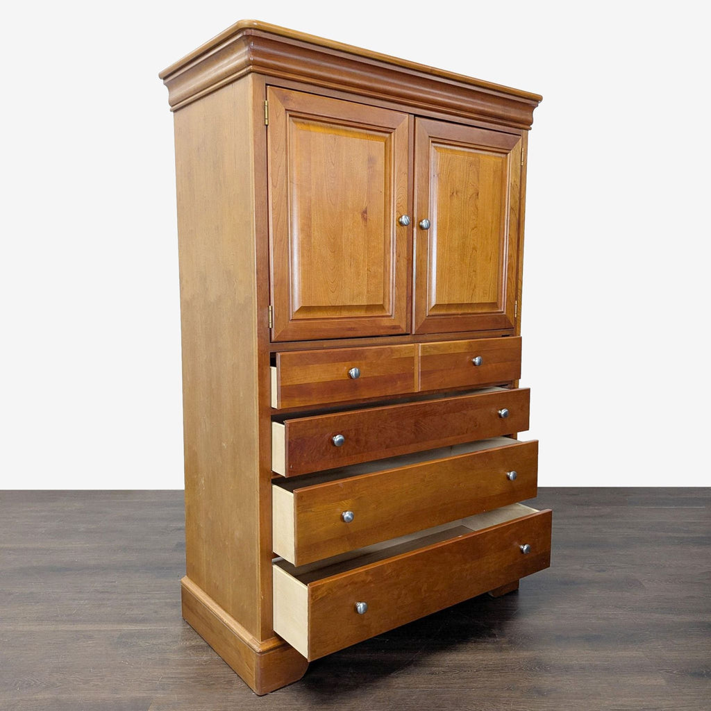 Versatile Stanley Furniture chest with cherry finish, offering two accessory drawers, a cabinet, and three lower drawers.