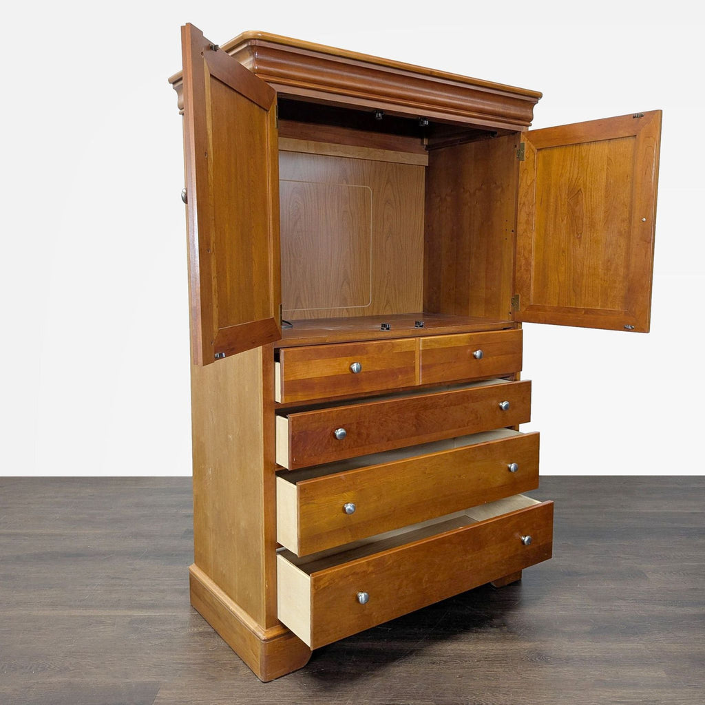 Traditional American-made cherry dresser by Stanley Furniture, featuring multiple drawers and paneled cabinet doors.  