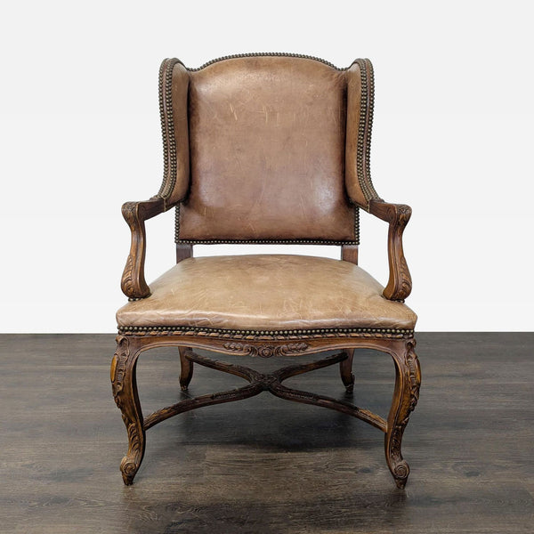 Leather & Wood Lounge Chair with Carved Details