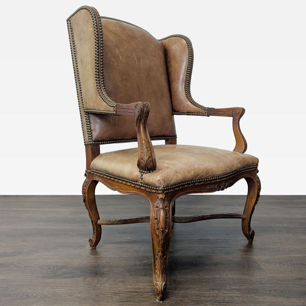 Leather & Wood Lounge Chair with Carved Details