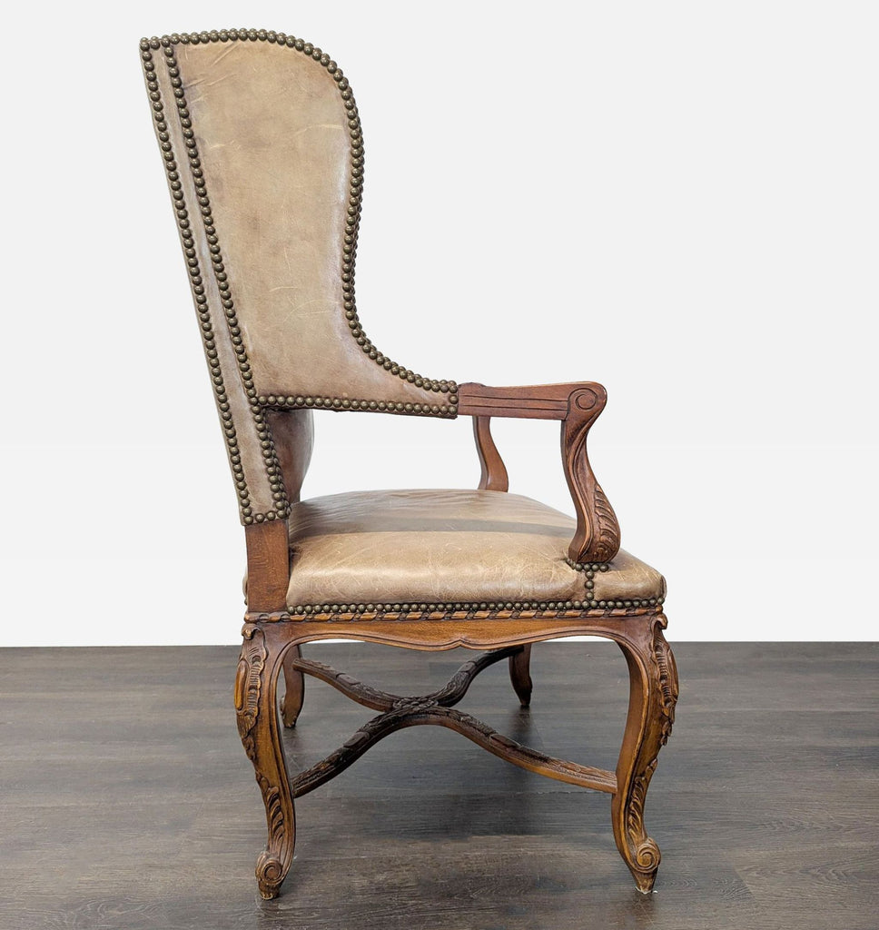 Leather & Wood Lounge Chair with Carved Details