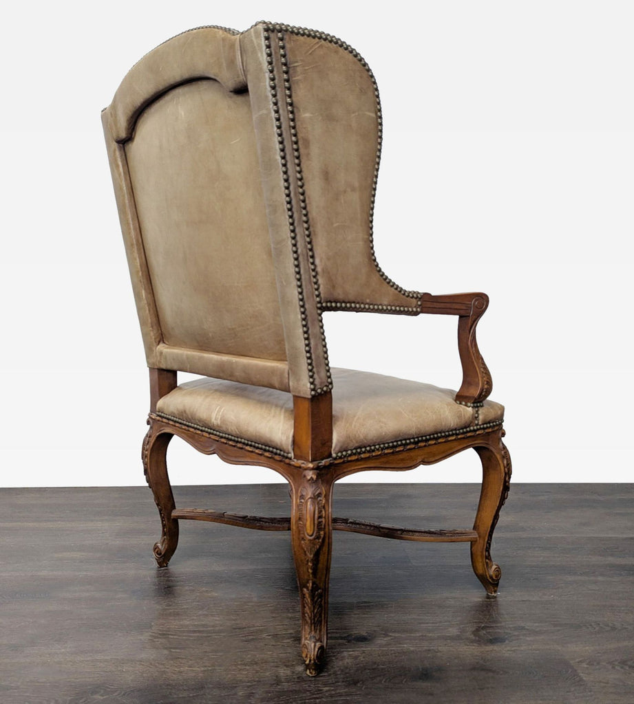 Leather & Wood Lounge Chair with Carved Details