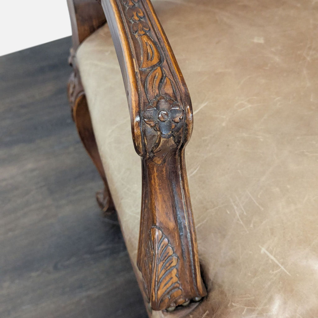 Leather & Wood Lounge Chair with Carved Details