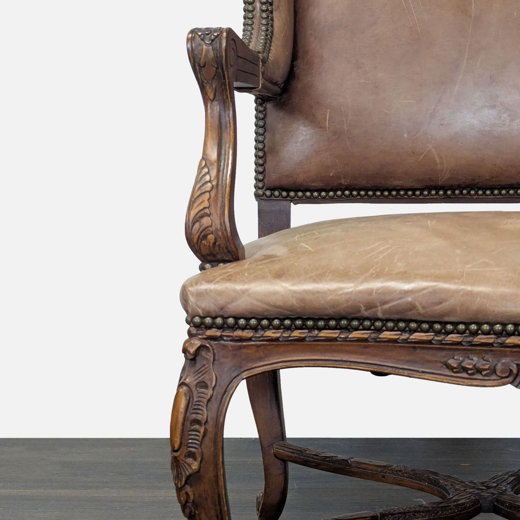 Leather & Wood Lounge Chair with Carved Details
