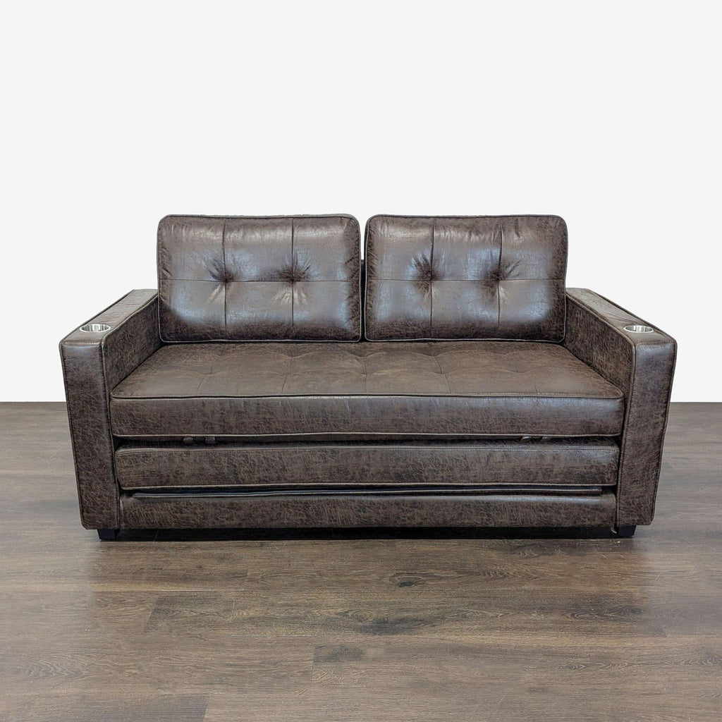 Brown Faux Leather Sleeper Sofa with Cup Holders