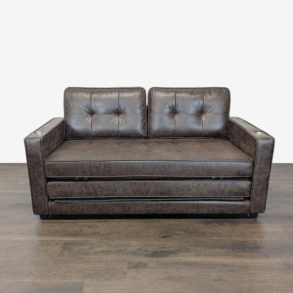 Brown Faux Leather Sleeper Sofa with Cup Holders
