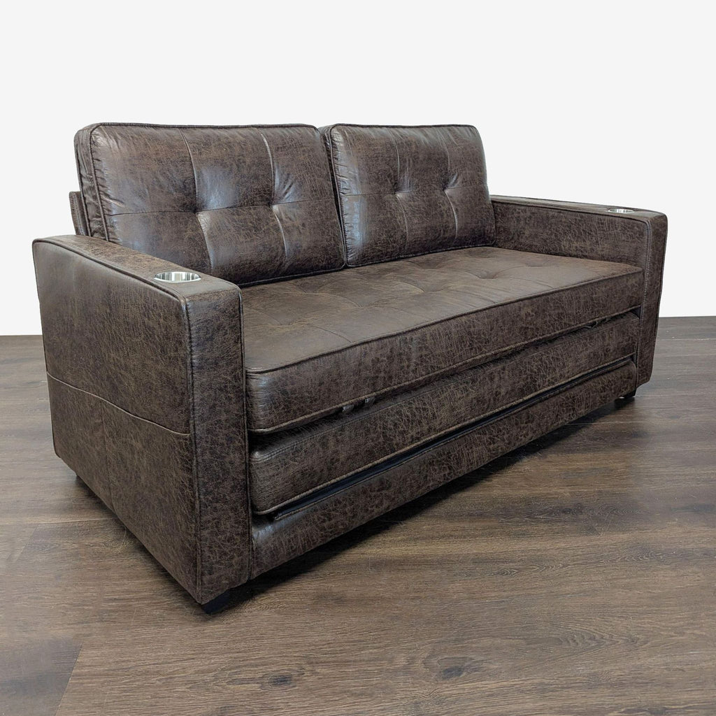 Brown Faux Leather Sleeper Sofa with Cup Holders