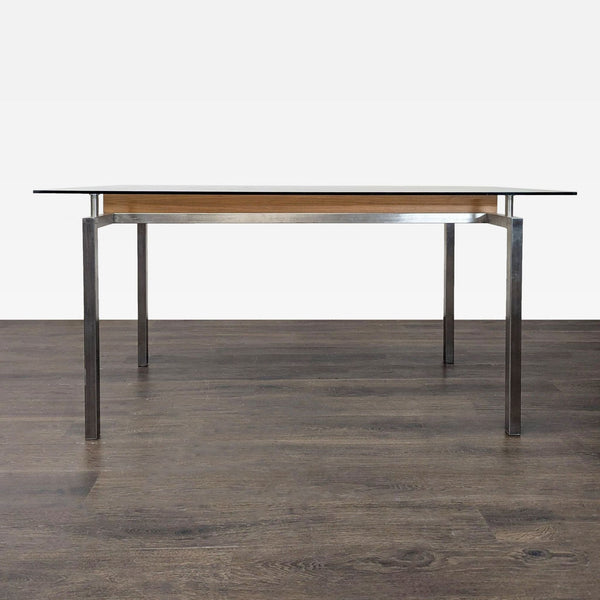 Glass Top Dining Table with Center Wood Beam
