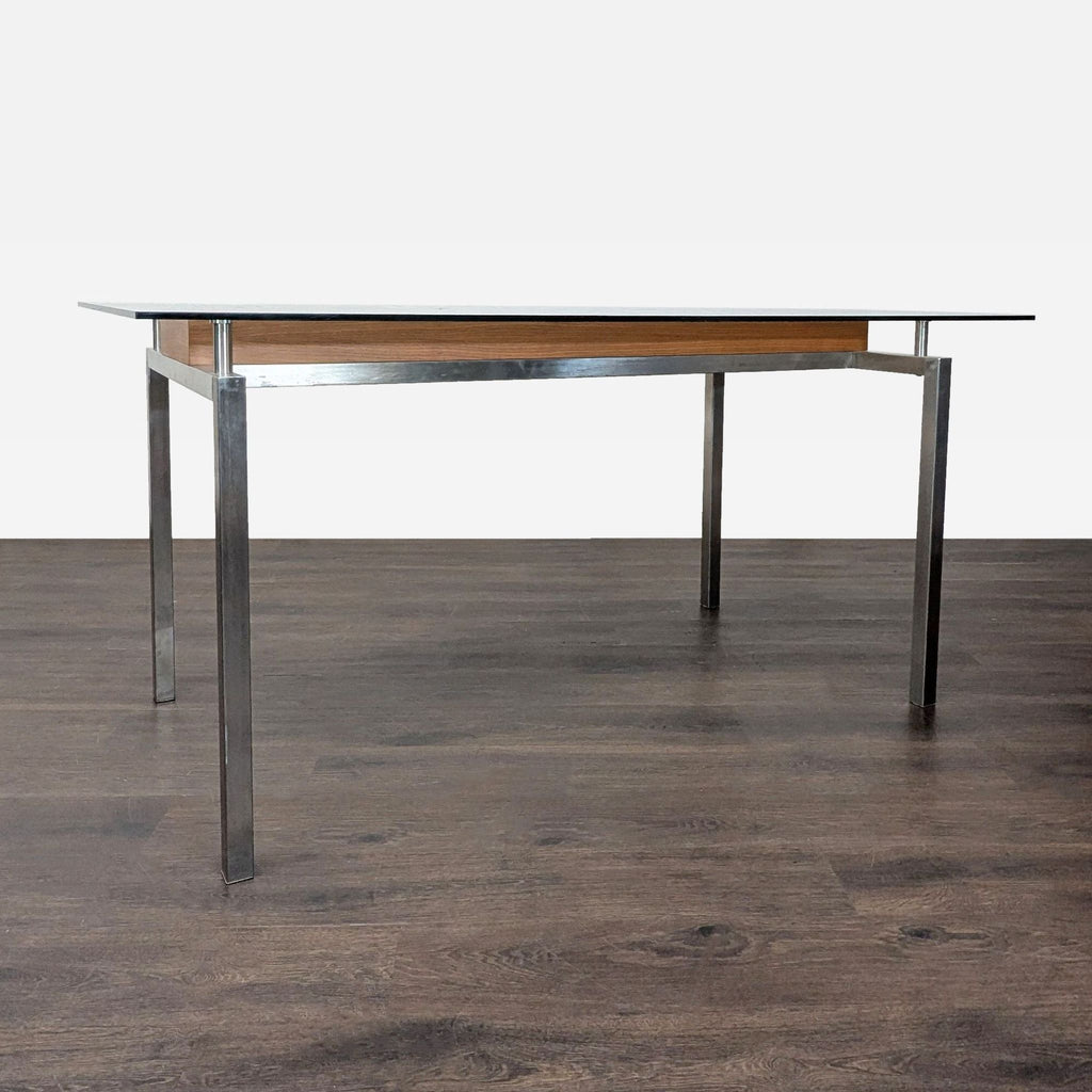 Glass Top Dining Table with Center Wood Beam