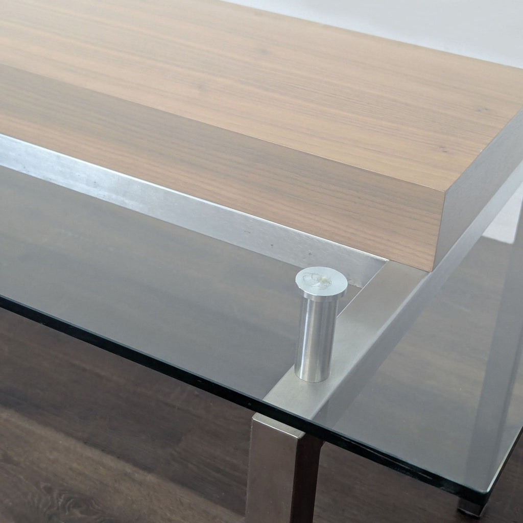 Glass Top Dining Table with Center Wood Beam