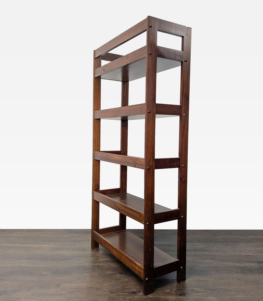 Modern wooden bookcase featuring five spacious tiers and a durable dark brown construction.