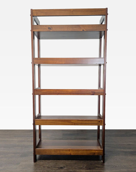Five-shelf dark brown wooden bookshelf with a sturdy frame and spacious open shelves.