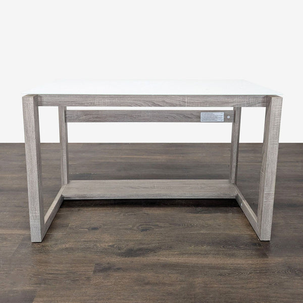 Modern Whalen Furniture desk with glass top, gray wood frame, and open lower shelf for storage.  