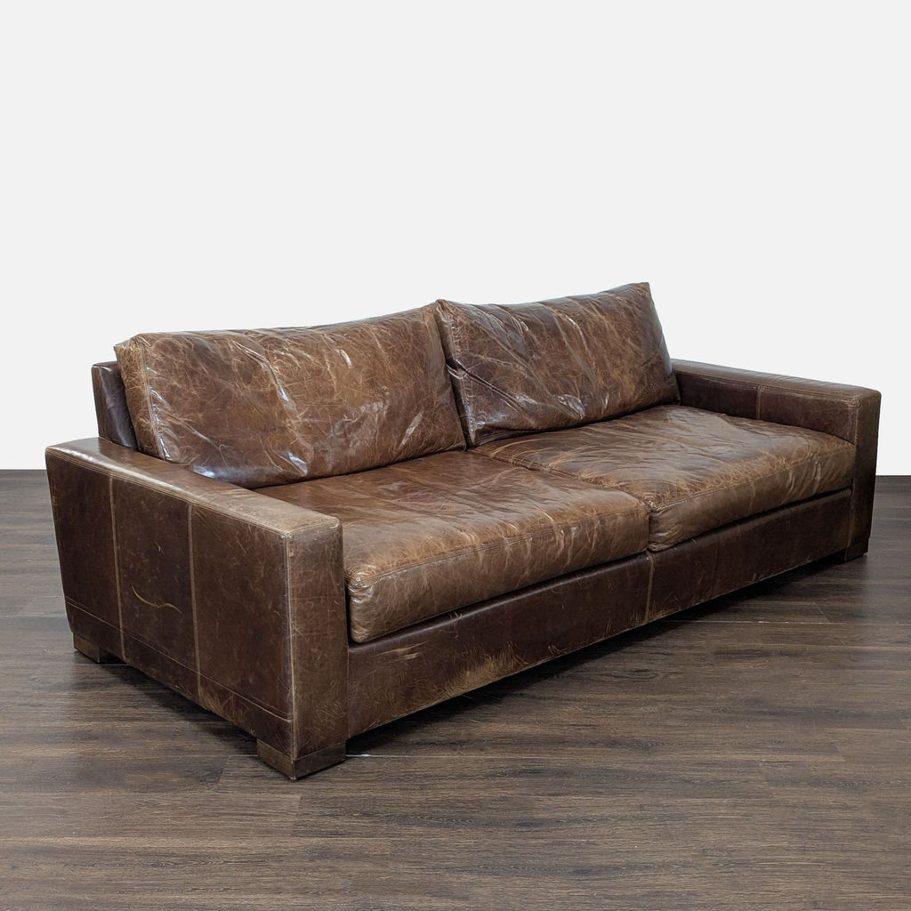 Thrive Furniture 3-seater sofa in worn brown leather with spacious seating, classic design, and sturdy build.