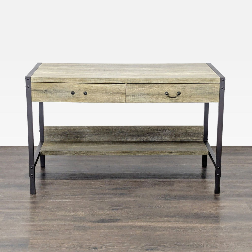 Rustic wood desk with metal frame, two drawers, and a lower shelf for books or decor.