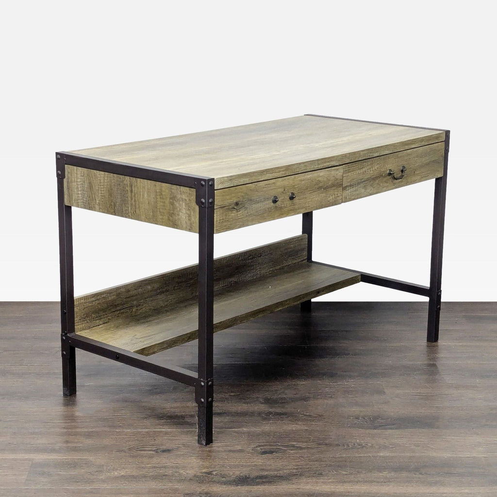 Rustic Industrial Desk with 2 Drawers and Lower Shelf Storage