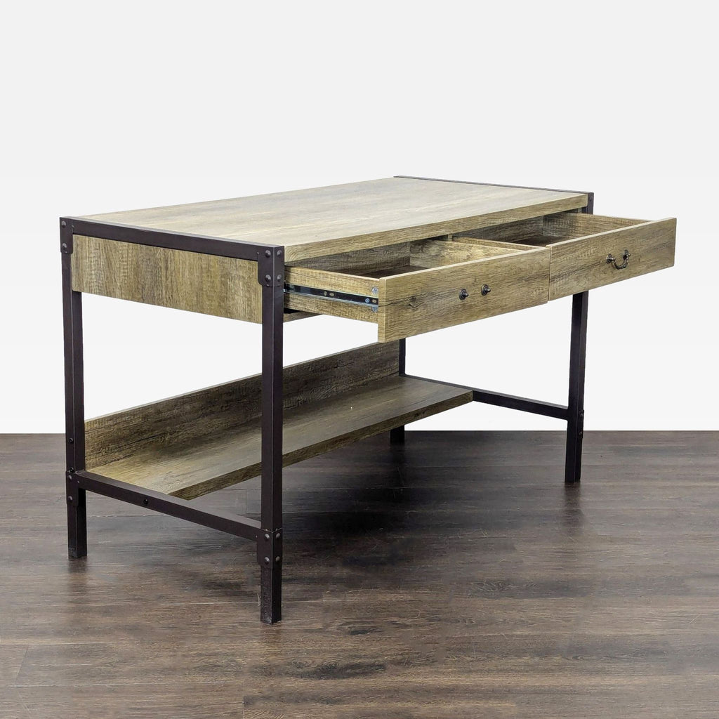 Stylish desk featuring a sturdy metal frame, natural wood finish, drawers, and extra shelf space.