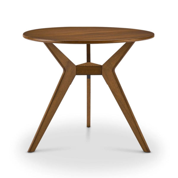Mid-century modern Tribeca table by Castlery with walnut veneer top and cane accent, angled rubberwood legs.