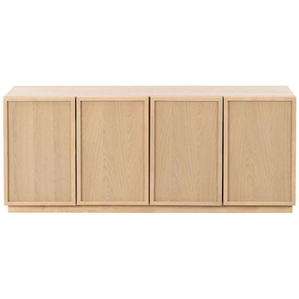 1. Oak veneer wood media stand by Safavieh with natural finish and interior shelves.  