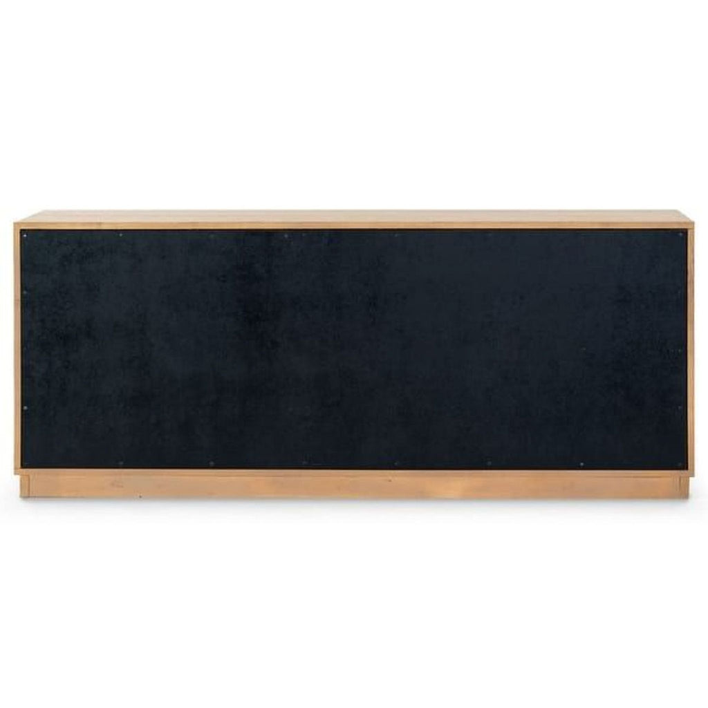 3. Modern wood media console by Safavieh, finished in natural oak, includes interior shelving.