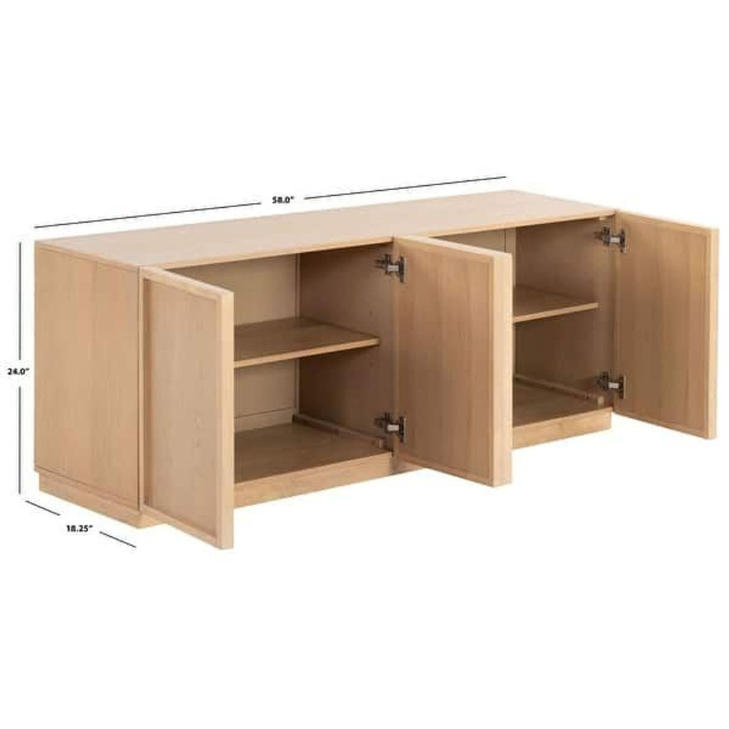 2. Safavieh natural oak TV stand featuring sleek interior shelving for storage.  