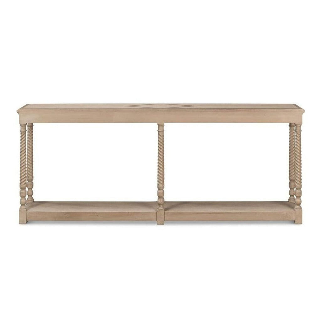 Traditional pine console table with turned legs and barn grey finish from Sarreid LTD, side view.  