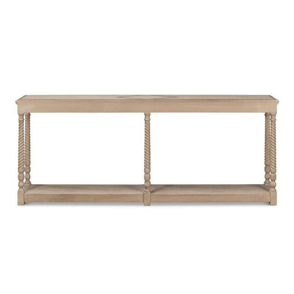 Traditional pine console table with turned legs and barn grey finish from Sarreid LTD, side view.  