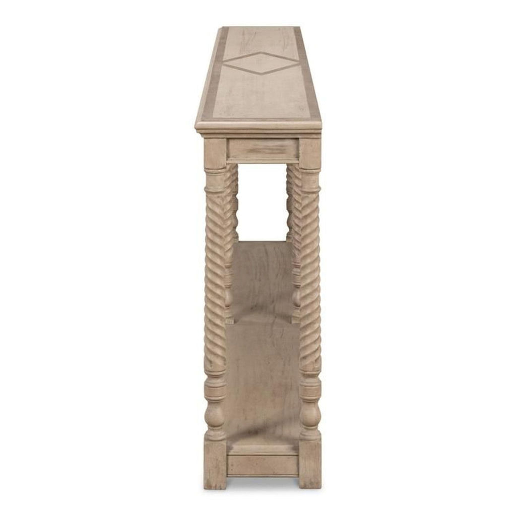 Sarreid LTD side table in barn grey, featuring classic turned legs and traditional pine construction.  