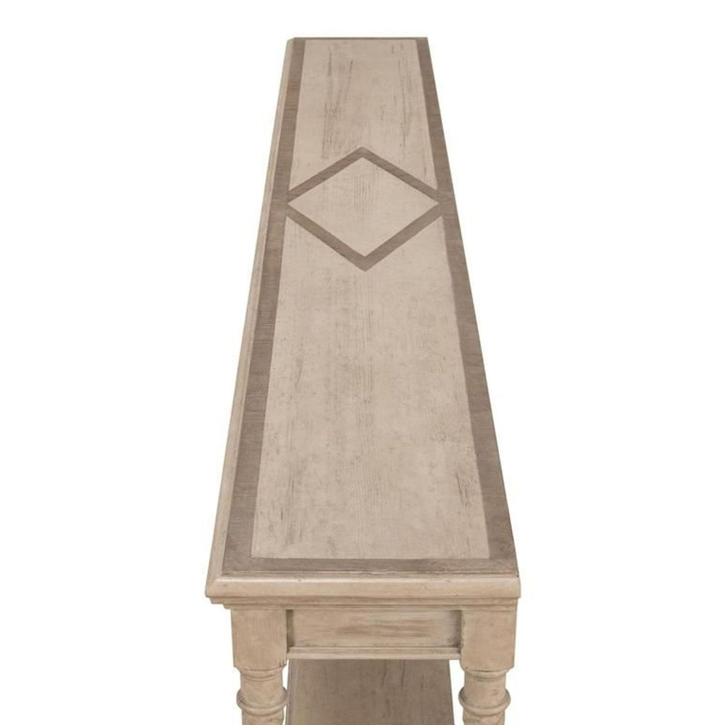 Barn grey pine side table by Sarreid LTD with elegant turned legs and traditional design elements.