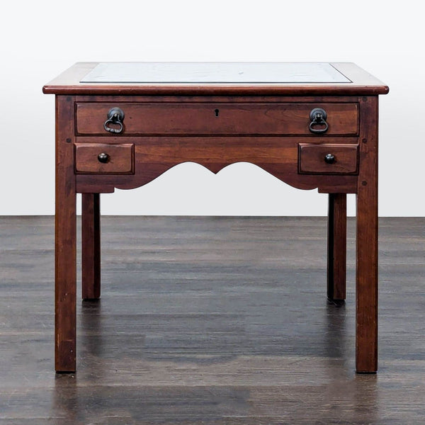 Ethan Allen end table with a glass top, three drawers, and a felt-lined display area.