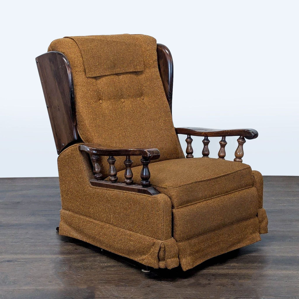 Retro lounge chair with plush upholstery, buttoned backrest, and wooden arms, ideal for relaxing spaces.