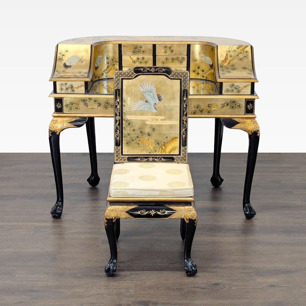 China Furniture Online Gold Lacquered Desk with Hand-Painted Cranes and Drawers