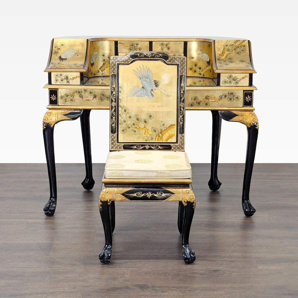 Gold lacquer desk with hand-painted cranes and florals, offering drawers and ample legroom, by China Furniture Online.  