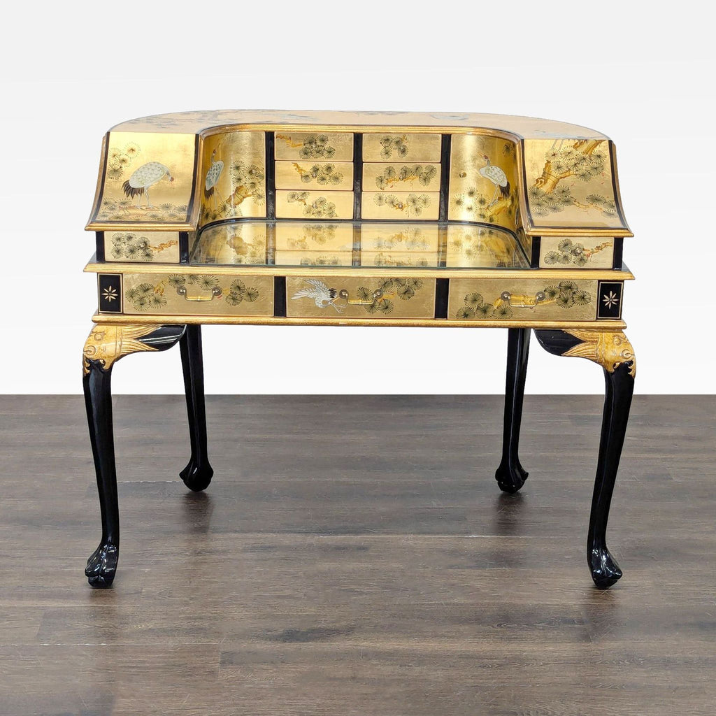 China Furniture Online Gold Lacquered Desk with Hand-Painted Cranes and Drawers
