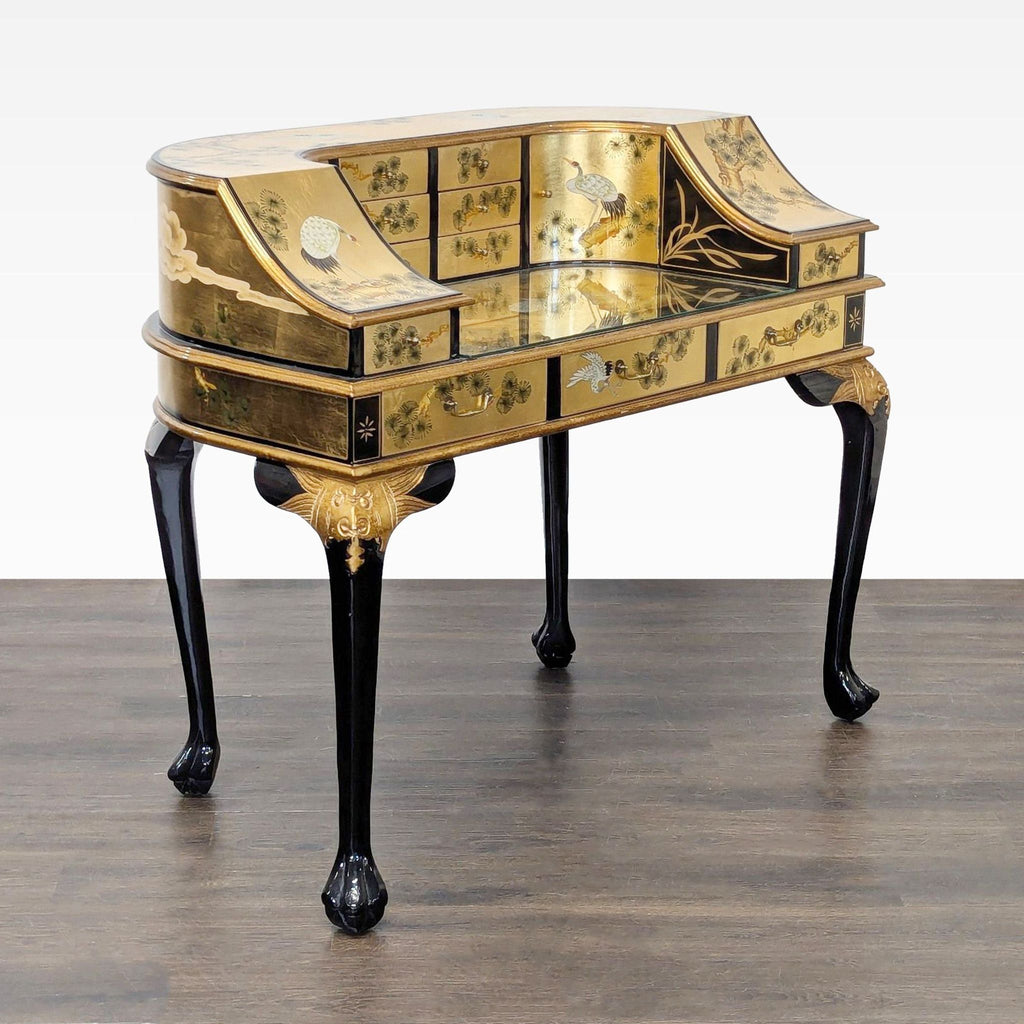 China Furniture Online Gold Lacquered Desk with Hand-Painted Cranes and Drawers