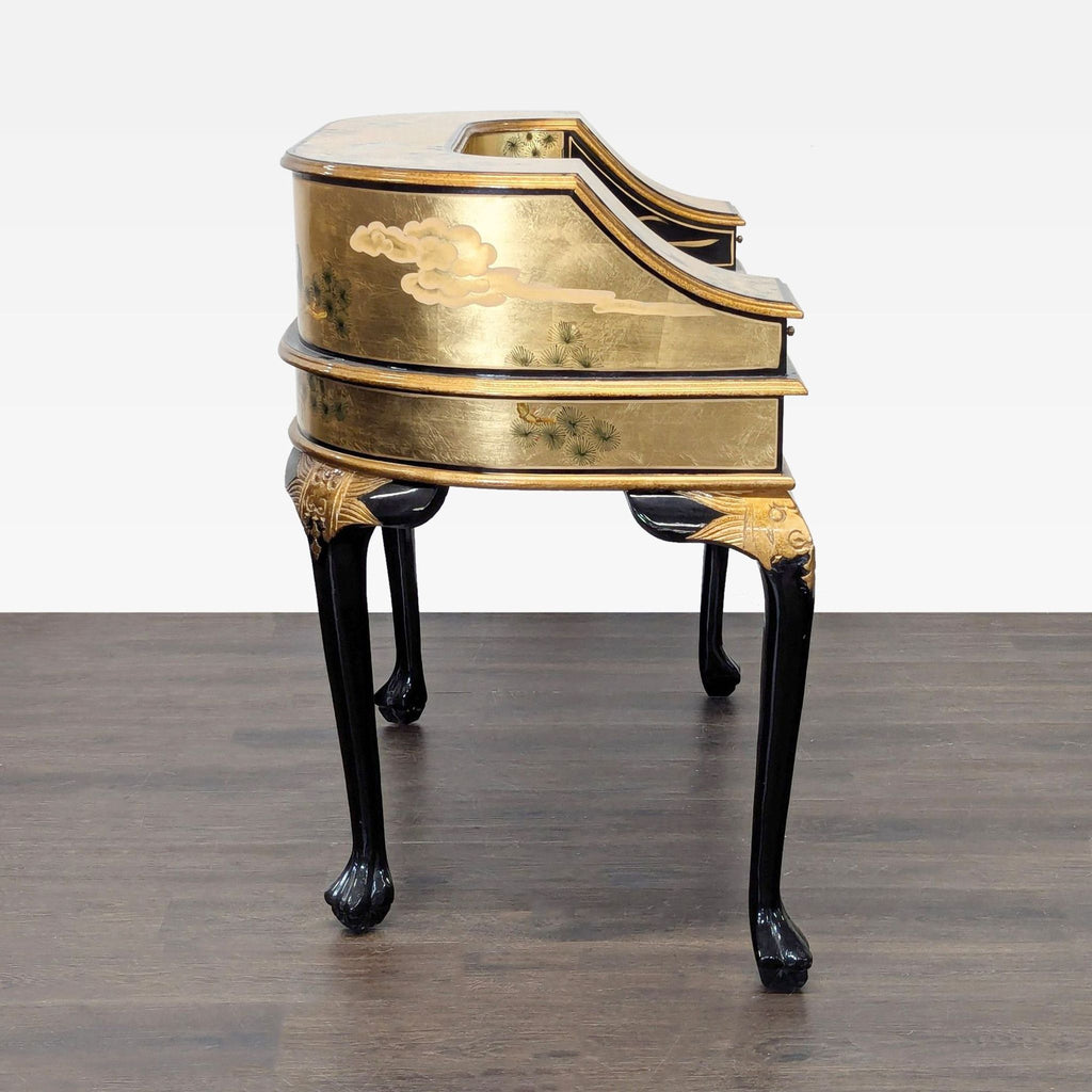 China Furniture Online Gold Lacquered Desk with Hand-Painted Cranes and Drawers