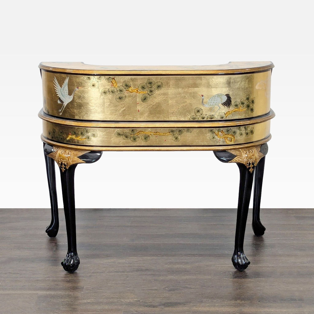 China Furniture Online Gold Lacquered Desk with Hand-Painted Cranes and Drawers