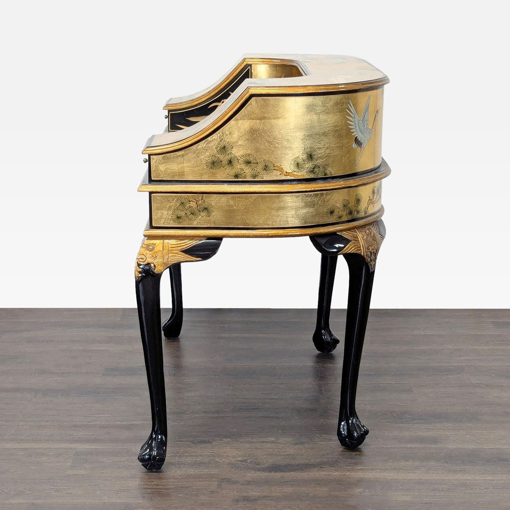 Traditional gold desk featuring crane and flower artwork, multiple drawers, and roomy design by China Furniture Online.