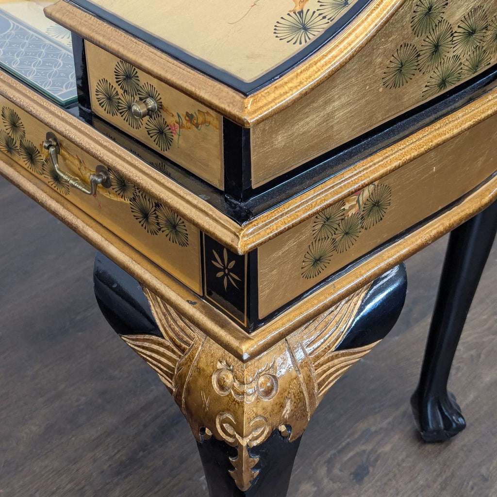 China Furniture Online Gold Lacquered Desk with Hand-Painted Cranes and Drawers