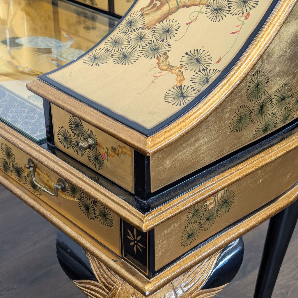 China Furniture Online Gold Lacquered Desk with Hand-Painted Cranes and Drawers