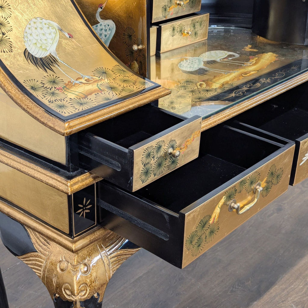 China Furniture Online Gold Lacquered Desk with Hand-Painted Cranes and Drawers