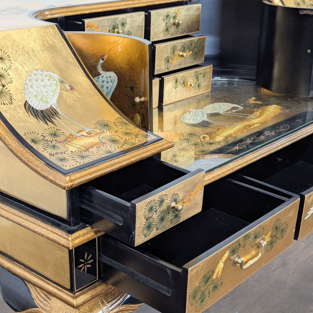 China Furniture Online Gold Lacquered Desk with Hand-Painted Cranes and Drawers