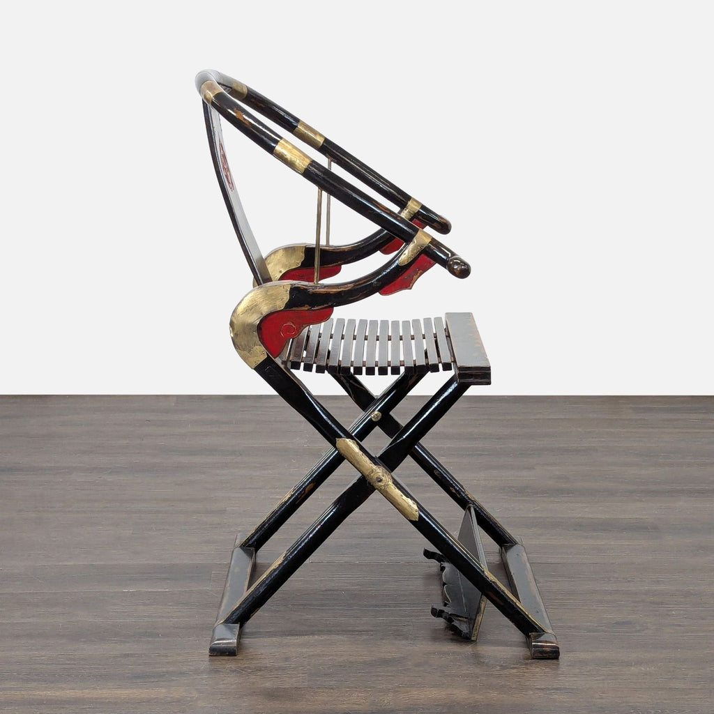Chinese Folding Horseshoe Prayer Lounge Chair with Red and Gold Accents