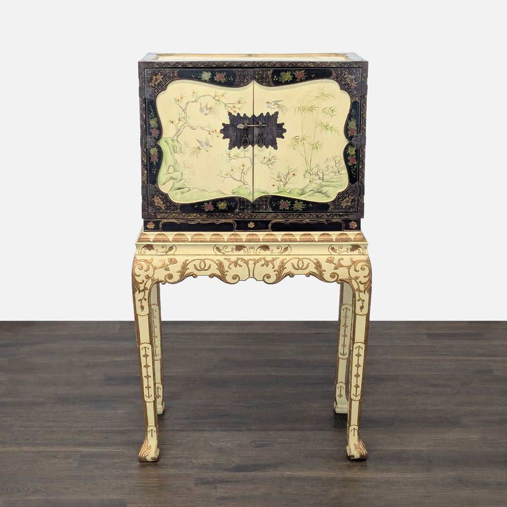 Hand painted Chinoiserie jewelry chest with floral and bird motifs, gold accents, and ornate matching stand.  
