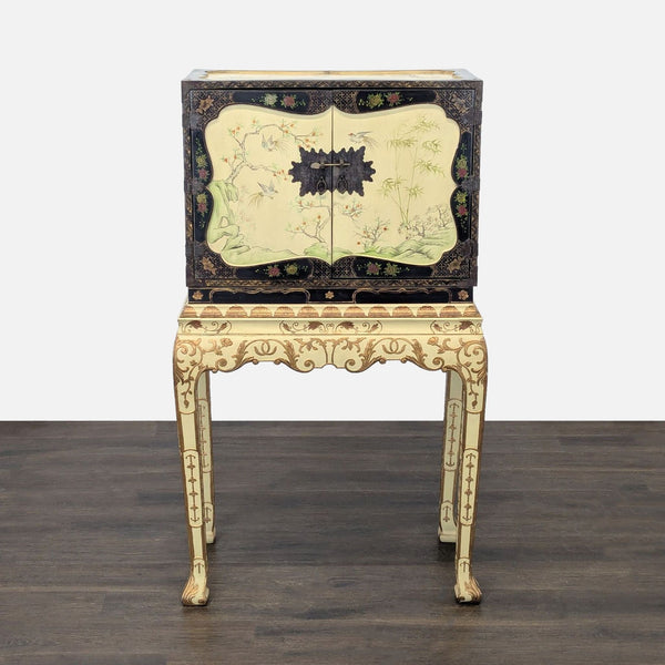 Hand painted Chinoiserie jewelry chest with floral and bird motifs, gold accents, and ornate matching stand.  